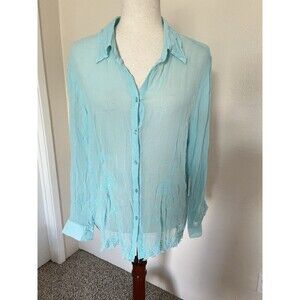 Vintage Ice Embroidered Blouse Outs 100% Silk Turquoise Lightweight Transparent